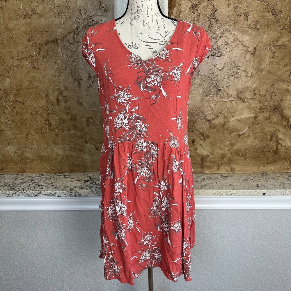 Garnet Hill A Line Summer Day Dress Women 10‎ Floral Cap Sleeve Boho Rust Orange